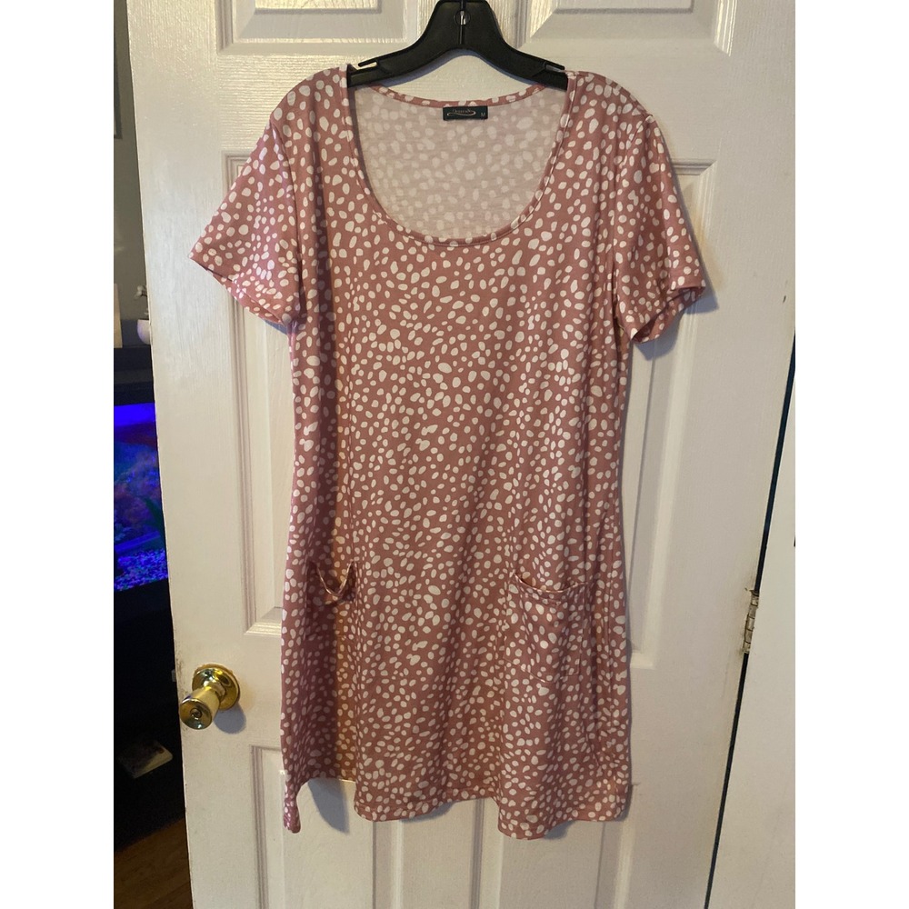 Ofeefan Mauve Pink Dalmatian Print Short Sleeve Pocket T-Shirt Dress Medium